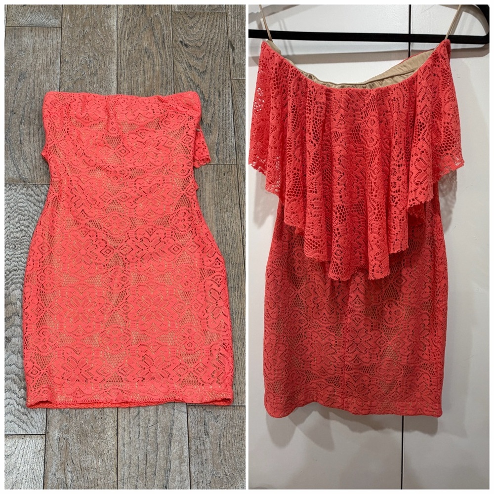 Dress The Population Coral Pink Lace Bodycon Mini Dress Crochet Strapless Sz M